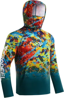 Rodeel UPF 50  Mens Long Sleeve Performance Fishing Hiking Shirt with Mask UV Neck Gaiter Hoodie