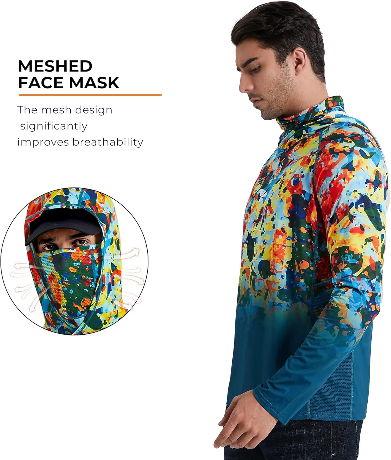 Rodeel UPF 50  Mens Long Sleeve Performance Fishing Hiking Shirt with Mask UV Neck Gaiter Hoodie