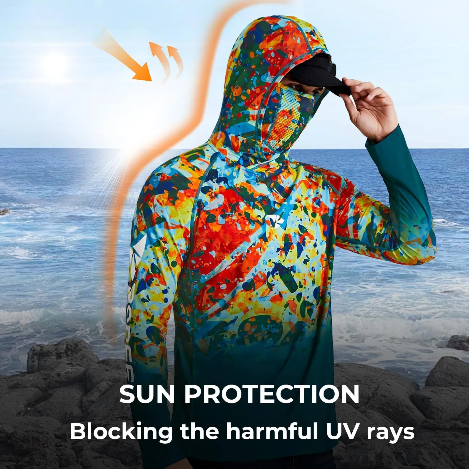 Rodeel UPF 50  Mens Long Sleeve Performance Fishing Hiking Shirt with Mask UV Neck Gaiter Hoodie