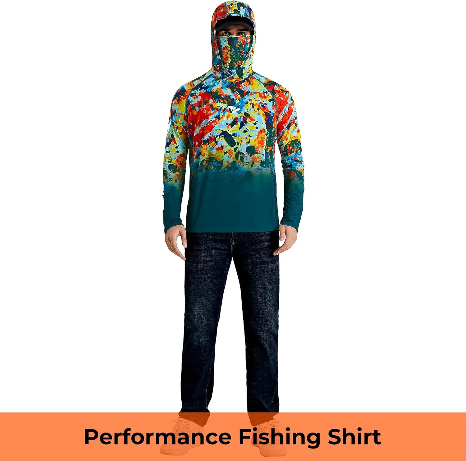 Rodeel UPF 50  Mens Long Sleeve Performance Fishing Hiking Shirt with Mask UV Neck Gaiter Hoodie
