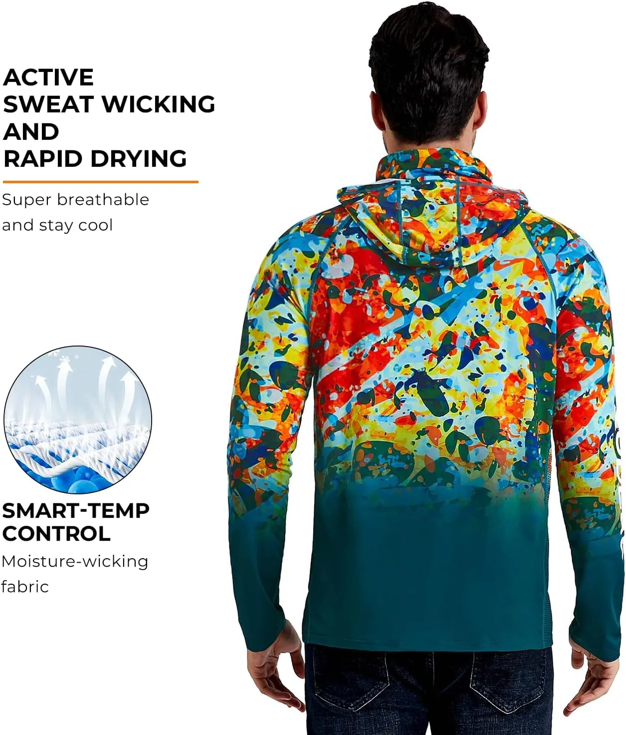 Rodeel UPF 50  Mens Long Sleeve Performance Fishing Hiking Shirt with Mask UV Neck Gaiter Hoodie
