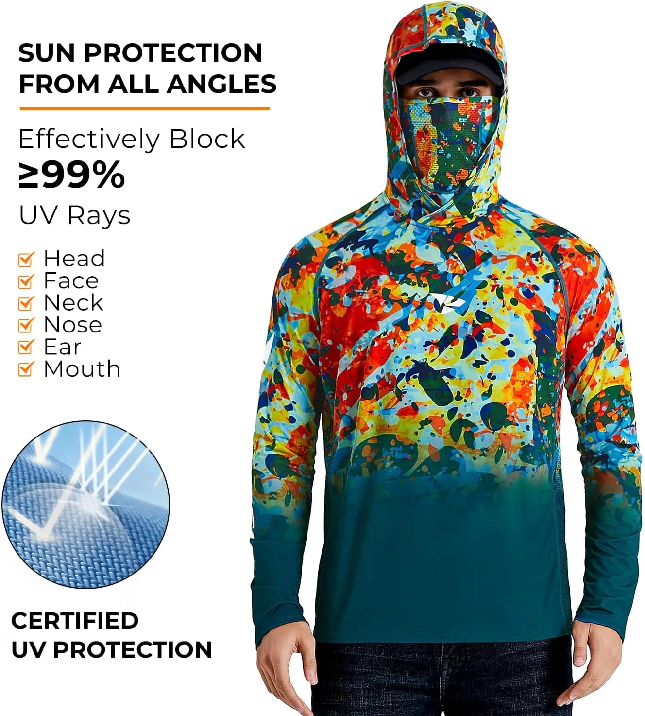 Rodeel UPF 50  Mens Long Sleeve Performance Fishing Hiking Shirt with Mask UV Neck Gaiter Hoodie