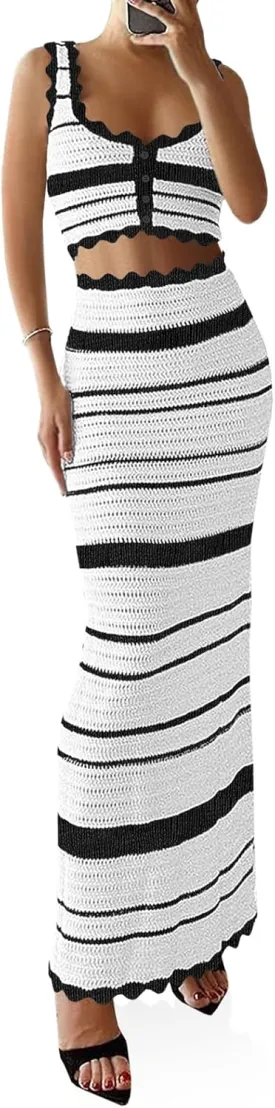 Saodimallsu Womens 2 Piece Sets Summer Striped Crochet Knit Coverup Sleeveless Button Crop Tank Top Bodycon Maxi Skirt