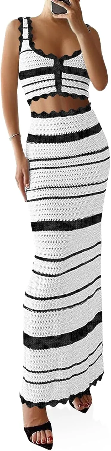 Saodimallsu Womens 2 Piece Sets Summer Striped Crochet Knit Coverup Sleeveless Button Crop Tank Top Bodycon Maxi Skirt