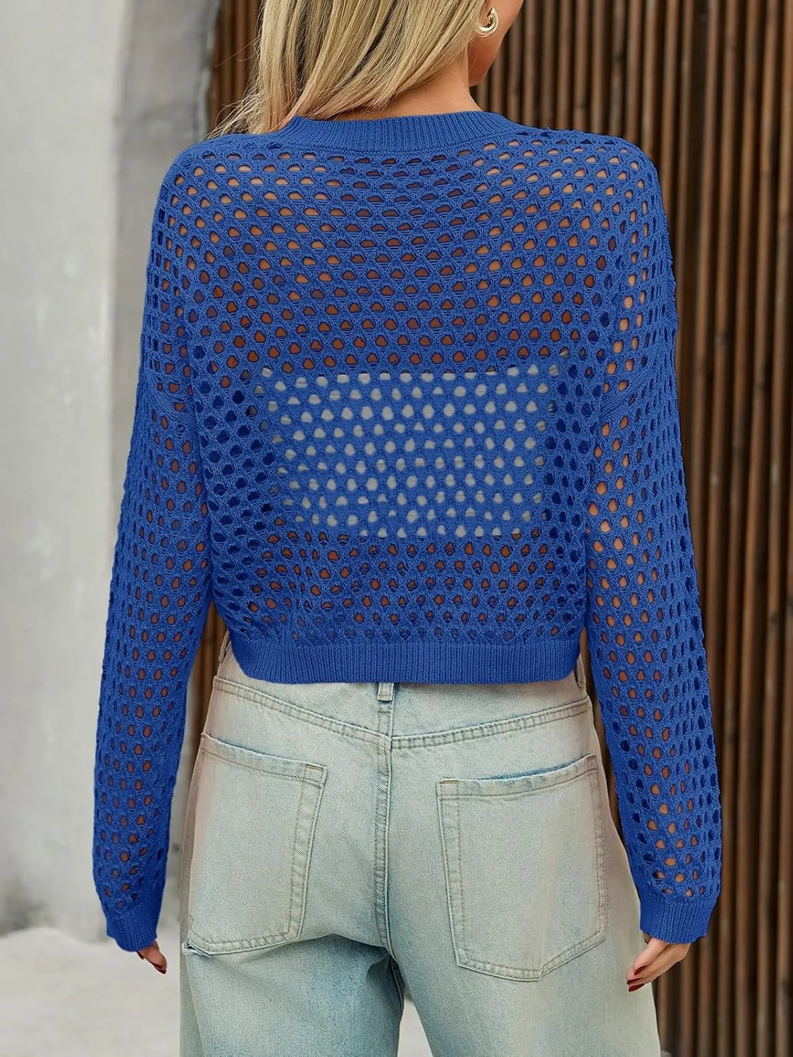 Saodimallsu Womens Crochet Crop Tops Summer Long Sleeve Mesh Knit Beach Cover Up Hollow Out Crewneck Pullover Sweaters