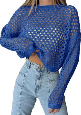 Saodimallsu Womens Crochet Crop Tops Summer Long Sleeve Mesh Knit Beach Cover Up Hollow Out Crewneck Pullover Sweaters