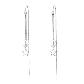 Star and Moon Sterling Silver Earrings for Women Threader Tassel Earrings Pull Through Earrings Celestial Hanging Earrings for Gift