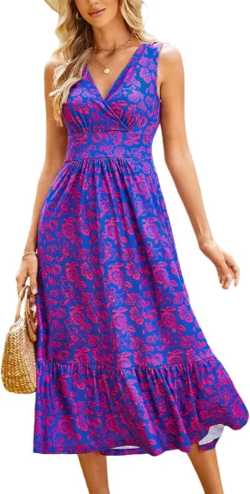 Summer Dresses for Women 2025 V Neck Sleeveless Empire Waist Maxi Dress Ruffle Hem A-Line Flowy Long Casual Dresses