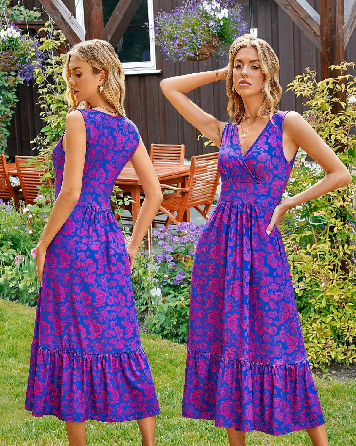 Summer Dresses for Women 2025 V Neck Sleeveless Empire Waist Maxi Dress Ruffle Hem A-Line Flowy Long Casual Dresses