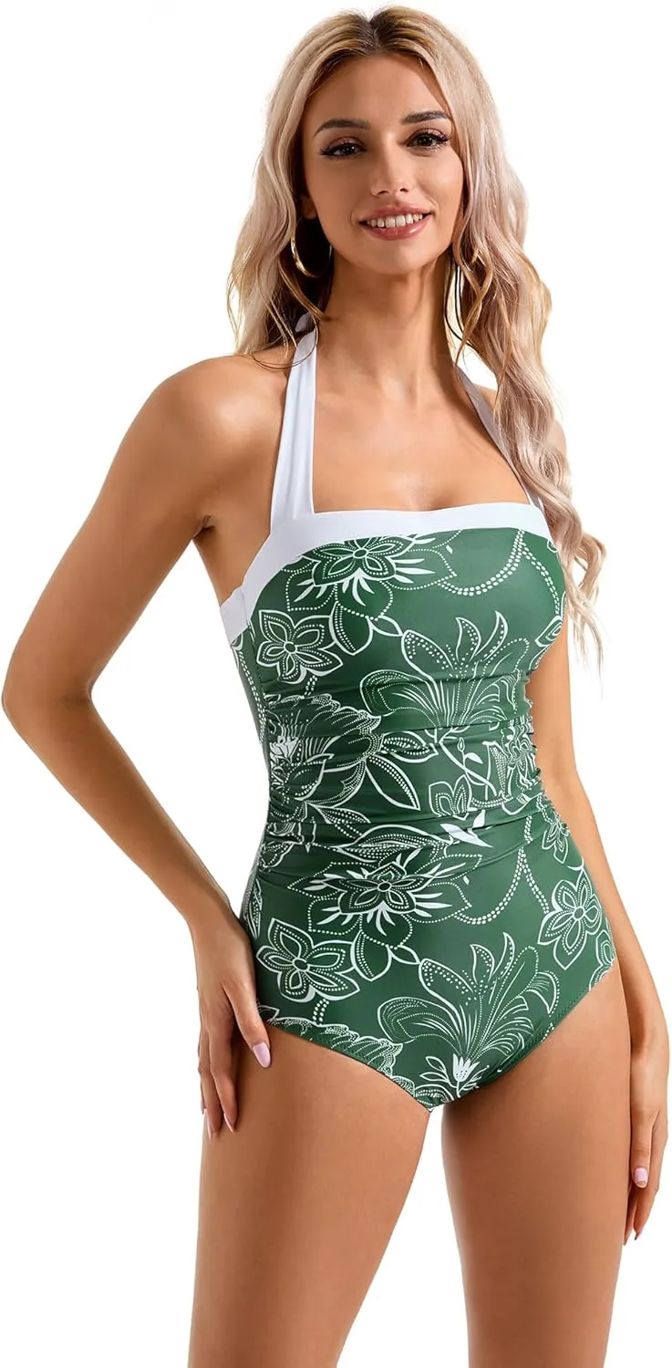 SUUKSESS Women Sexy Tummy Control One Piece Swimsuit Halter Retro Bathing Suit