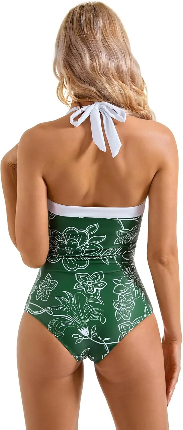 SUUKSESS Women Sexy Tummy Control One Piece Swimsuit Halter Retro Bathing Suit