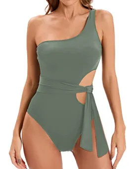 Tummy Control One Shoulder Bathing Suit For Women-Army Green