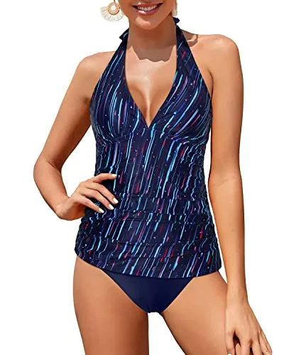 V Neck Ruched Tankini Swimsuits For Pregnant Women-Navy Blue
