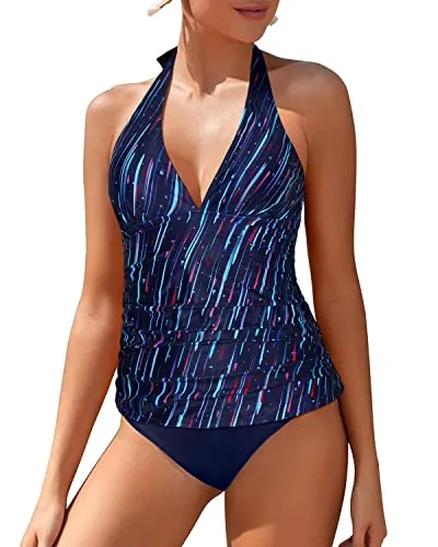 V Neck Ruched Tankini Swimsuits For Pregnant Women-Navy Blue