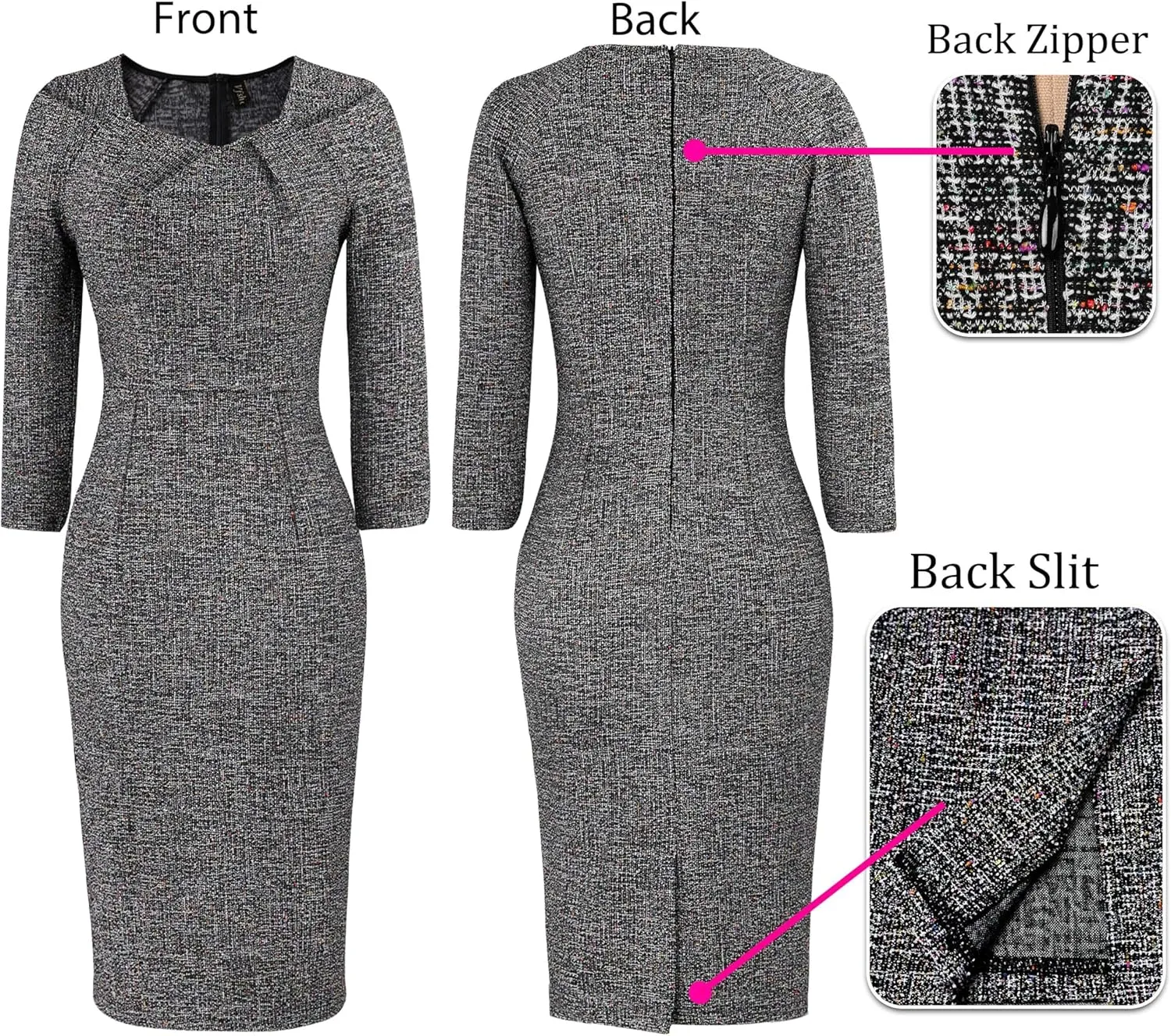 VFSHOW Womens 2025 Work Business Office Dresses Pleated Asymmetric Neck Vintage Church Slimming Pencil Sheath Dress