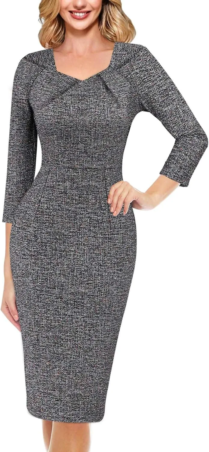 VFSHOW Womens 2025 Work Business Office Dresses Pleated Asymmetric Neck Vintage Church Slimming Pencil Sheath Dress
