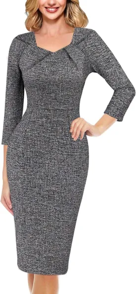 VFSHOW Womens 2025 Work Business Office Dresses Pleated Asymmetric Neck Vintage Church Slimming Pencil Sheath Dress