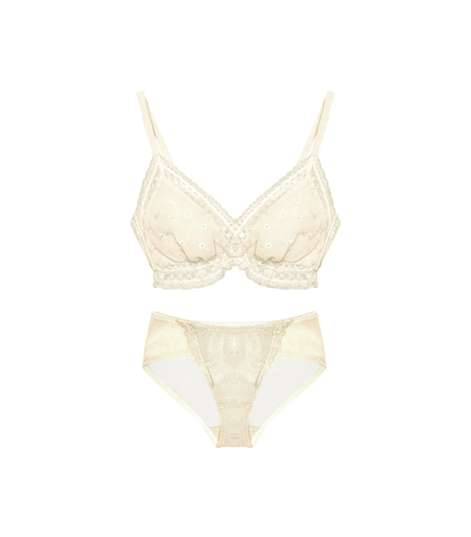 Wireless V-shaped Cross Concentrated Flora Embroidery Thin Bra Set Apricot