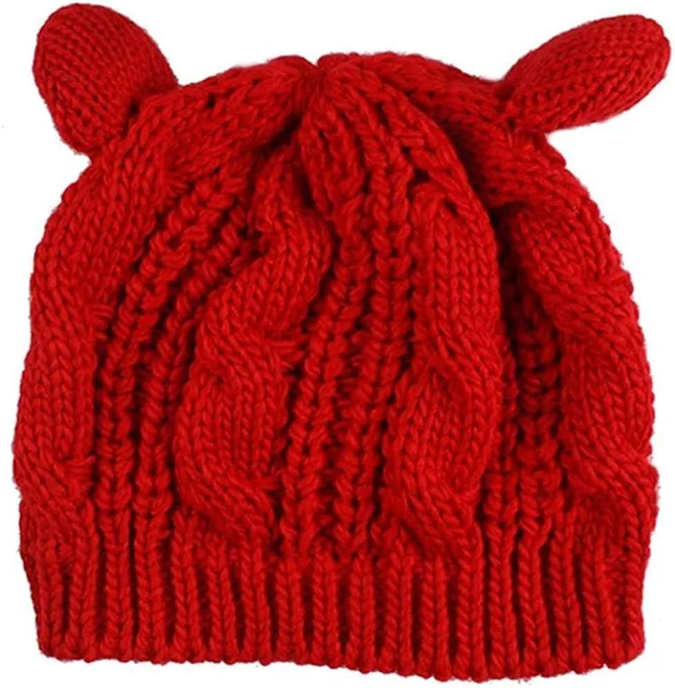 Women Girls Boys Teens Cute CAT Kitty Ears Hats, Winter Warm Woollike Knitted Crochet Christmas Ski Beanie Headgear