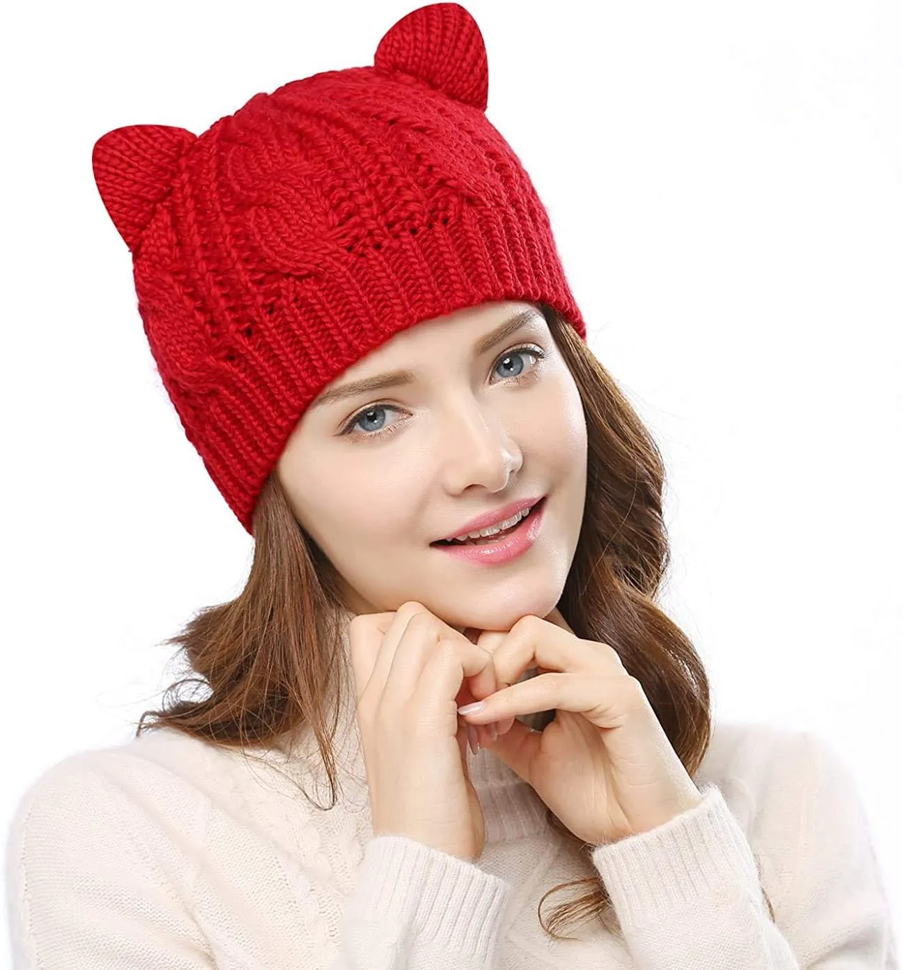 Women Girls Boys Teens Cute CAT Kitty Ears Hats, Winter Warm Woollike Knitted Crochet Christmas Ski Beanie Headgear