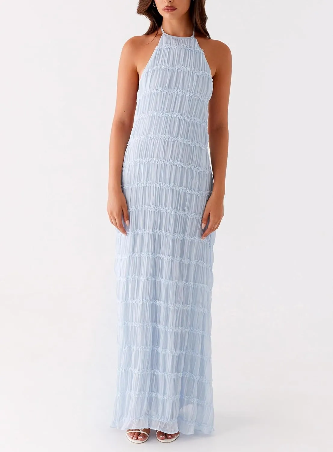 Women's Backless Smocked Maxi Dress Sexy Spaghetti Strap Cut Out Flowy Beach Long Dress Vacation Casual Sundresses