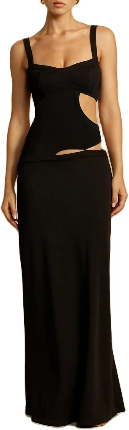 Womens Elegant Spaghetti Strap Maxi Dress Backless Cut Out Bodycon Summer Cami Dress Sexy Formal Cocktail Dresses