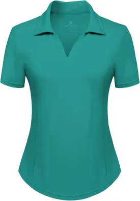 Women's Golf Polo Shirt V Neck Short Sleeve Tennis Shirt Sun Protection Moisture Wicking Athletic Tops