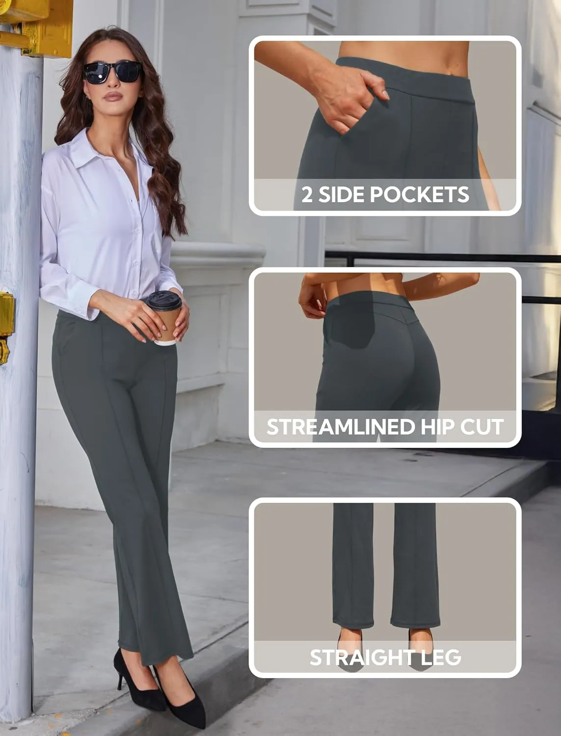 Womens High Waist Dress Work Pants Stretchy Straight Leg Casual Pants Business Office Trousers