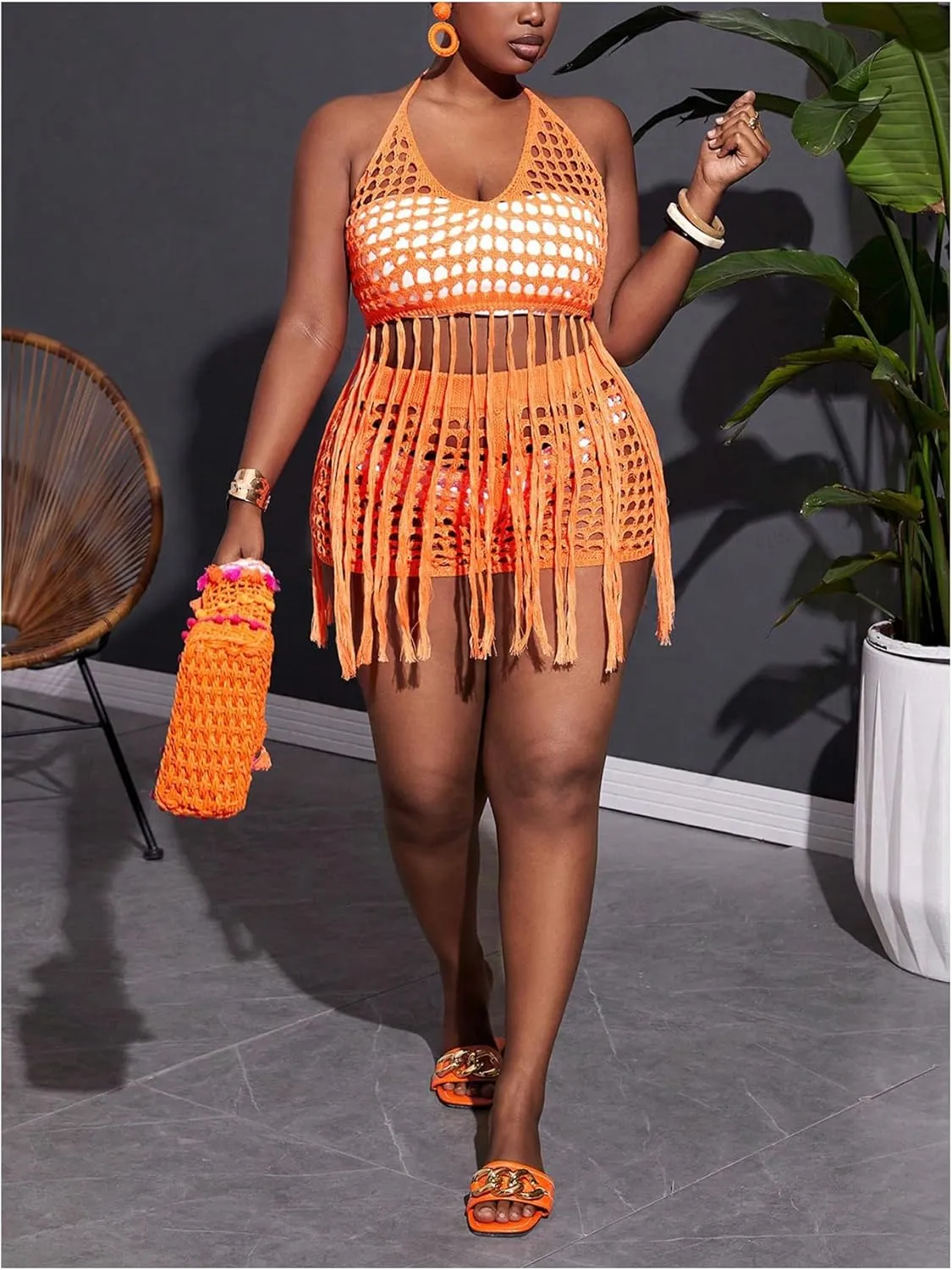 Women's Plus Size 2 Piece Crochet Swim Cover Up Set Fringe Hem Halter Beach Top and Shorts Coverups Beachwear