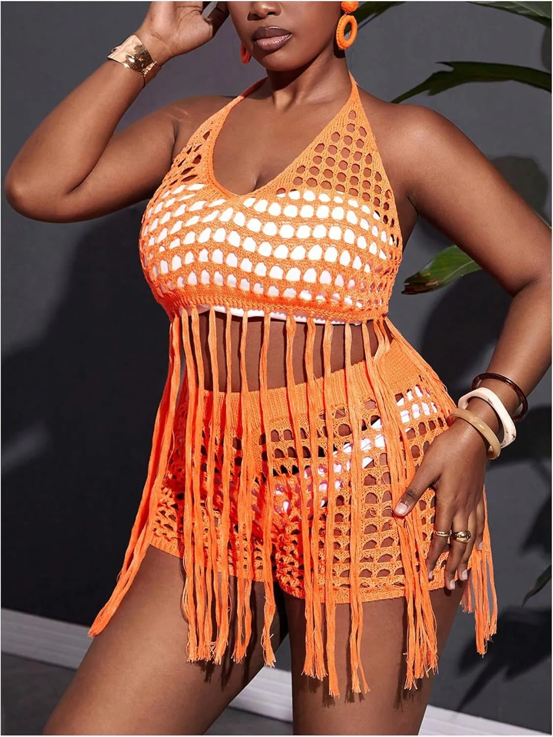Women's Plus Size 2 Piece Crochet Swim Cover Up Set Fringe Hem Halter Beach Top and Shorts Coverups Beachwear