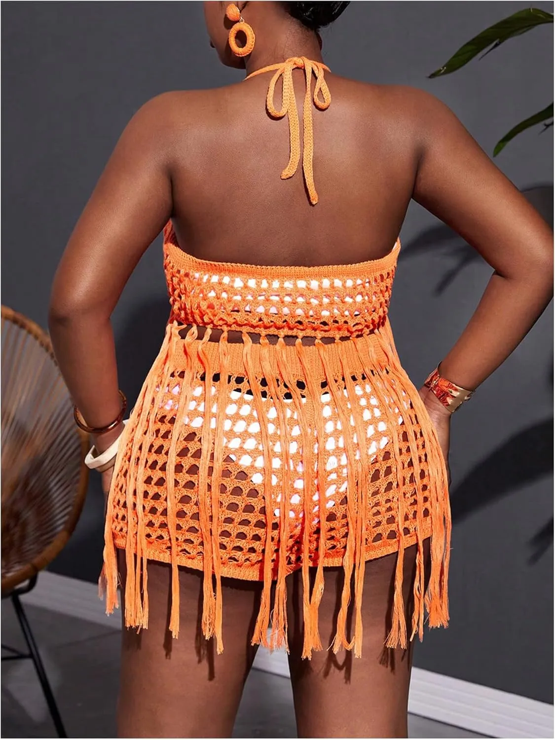Women's Plus Size 2 Piece Crochet Swim Cover Up Set Fringe Hem Halter Beach Top and Shorts Coverups Beachwear