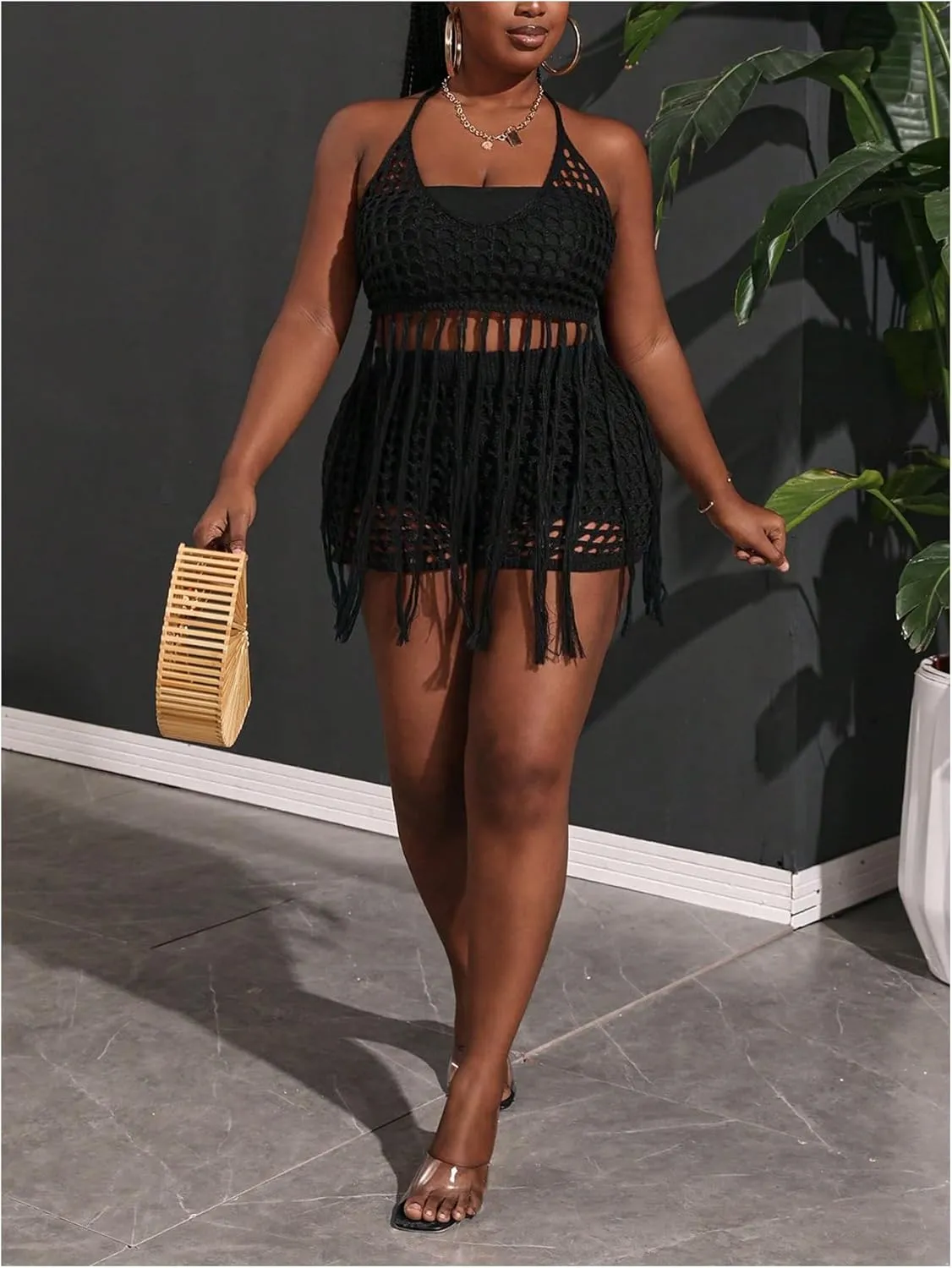Women's Plus Size 2 Piece Crochet Swim Cover Up Set Fringe Hem Halter Beach Top and Shorts Coverups Beachwear