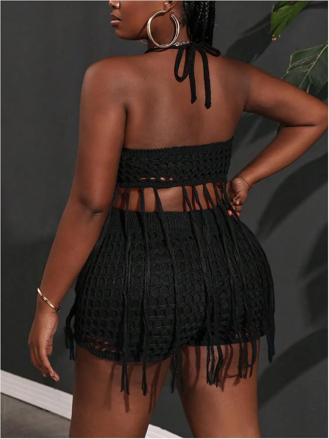 Women's Plus Size 2 Piece Crochet Swim Cover Up Set Fringe Hem Halter Beach Top and Shorts Coverups Beachwear