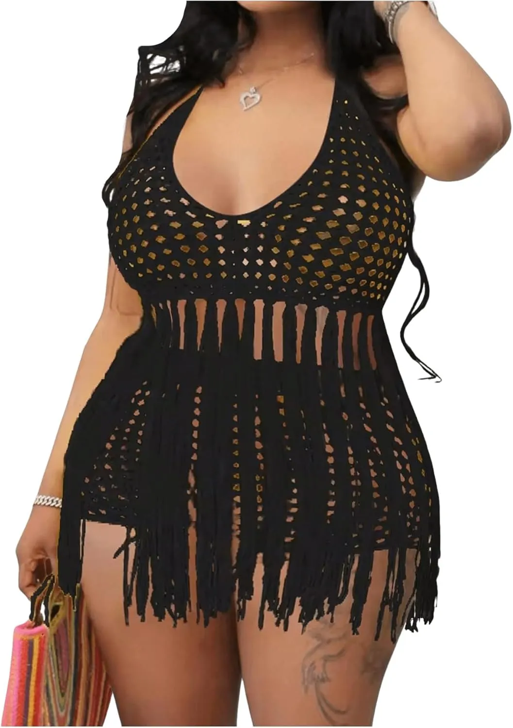 Women's Plus Size 2 Piece Crochet Swim Cover Up Set Fringe Hem Halter Beach Top and Shorts Coverups Beachwear