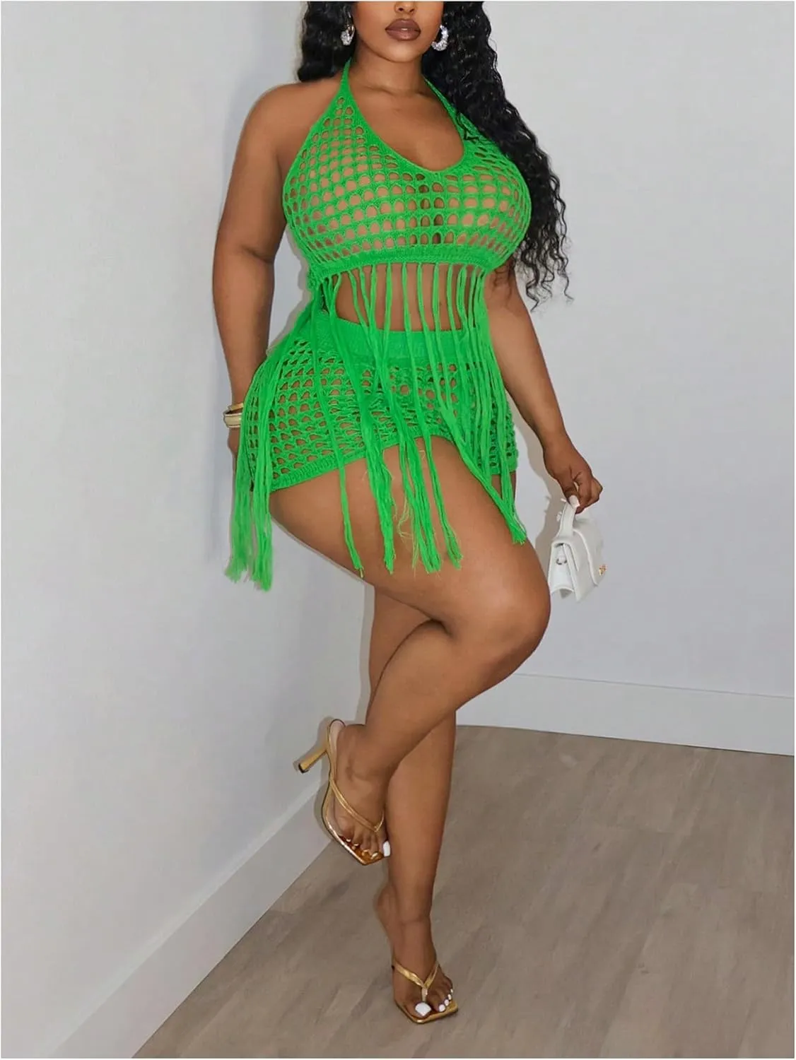 Women's Plus Size 2 Piece Crochet Swim Cover Up Set Fringe Hem Halter Beach Top and Shorts Coverups Beachwear