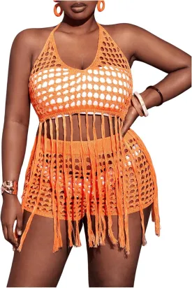 Women's Plus Size 2 Piece Crochet Swim Cover Up Set Fringe Hem Halter Beach Top and Shorts Coverups Beachwear