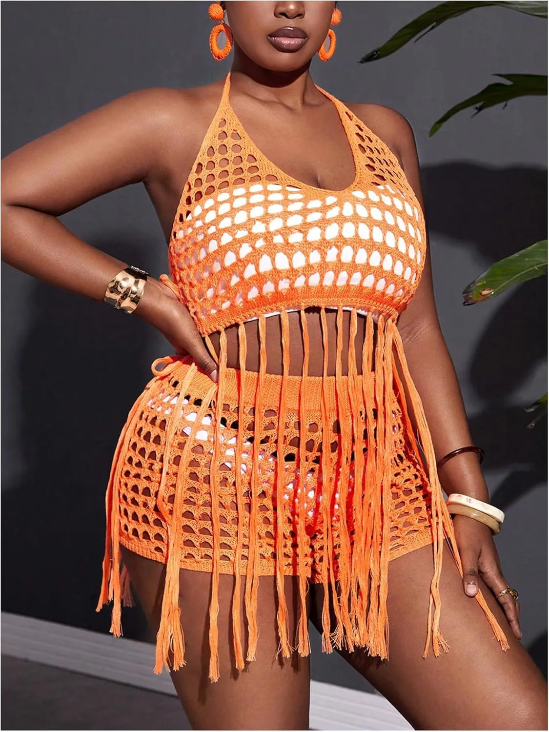 Women's Plus Size 2 Piece Crochet Swim Cover Up Set Fringe Hem Halter Beach Top and Shorts Coverups Beachwear