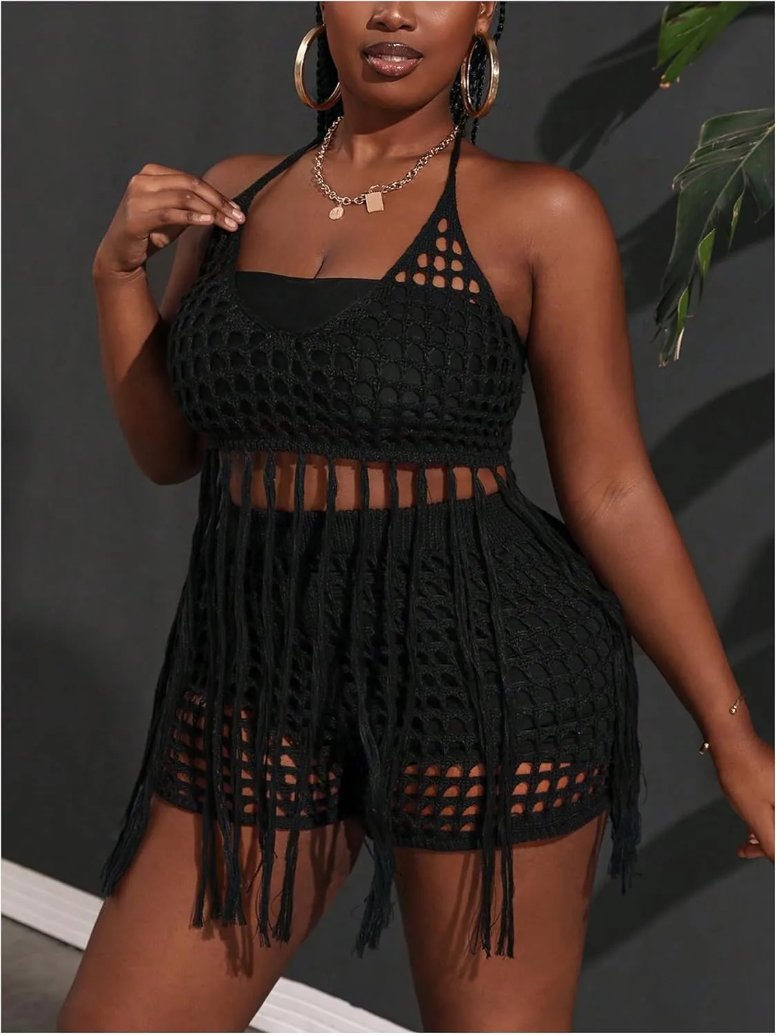Women's Plus Size 2 Piece Crochet Swim Cover Up Set Fringe Hem Halter Beach Top and Shorts Coverups Beachwear