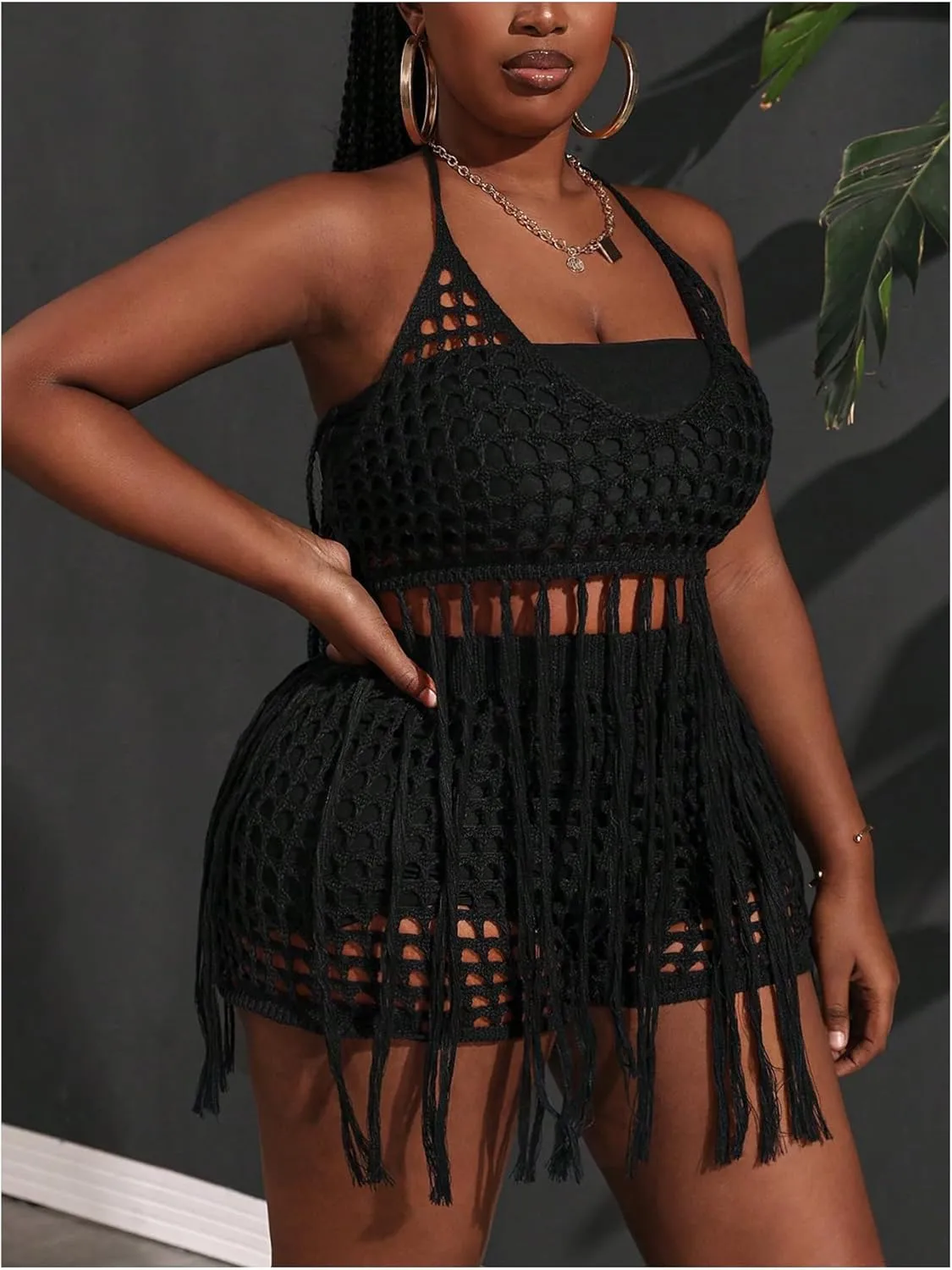 Women's Plus Size 2 Piece Crochet Swim Cover Up Set Fringe Hem Halter Beach Top and Shorts Coverups Beachwear
