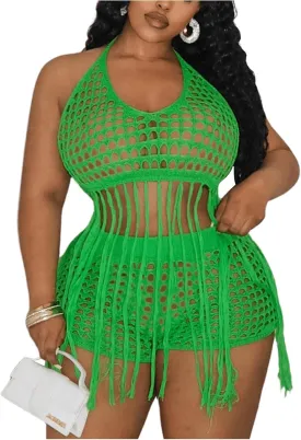 Women's Plus Size 2 Piece Crochet Swim Cover Up Set Fringe Hem Halter Beach Top and Shorts Coverups Beachwear