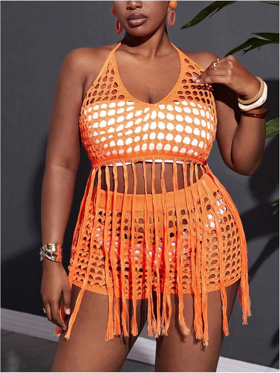 Women's Plus Size 2 Piece Crochet Swim Cover Up Set Fringe Hem Halter Beach Top and Shorts Coverups Beachwear