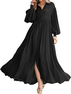 Womens Plus Size Button Down Shirt Dress Summer Trendy Lantern Sleeve Maxi Dress Pleated Wedding Guest Dress S-4XL