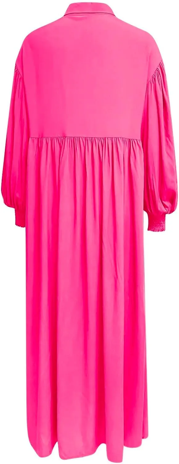 Womens Plus Size Button Down Shirt Dress Summer Trendy Lantern Sleeve Maxi Dress Pleated Wedding Guest Dress S-4XL