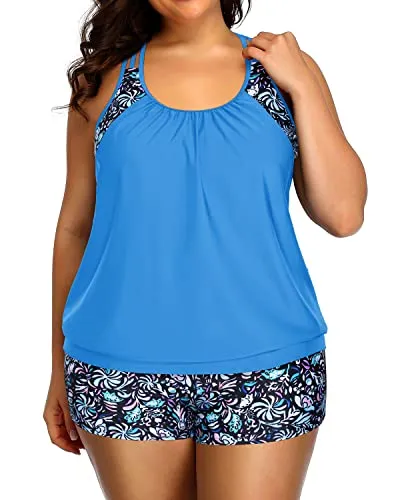 Womens Plus Size Tankini Swimsuit Two Piece Tummy Control Bathing Suit-Blue Floral