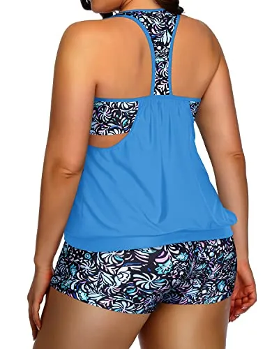 Womens Plus Size Tankini Swimsuit Two Piece Tummy Control Bathing Suit-Blue Floral