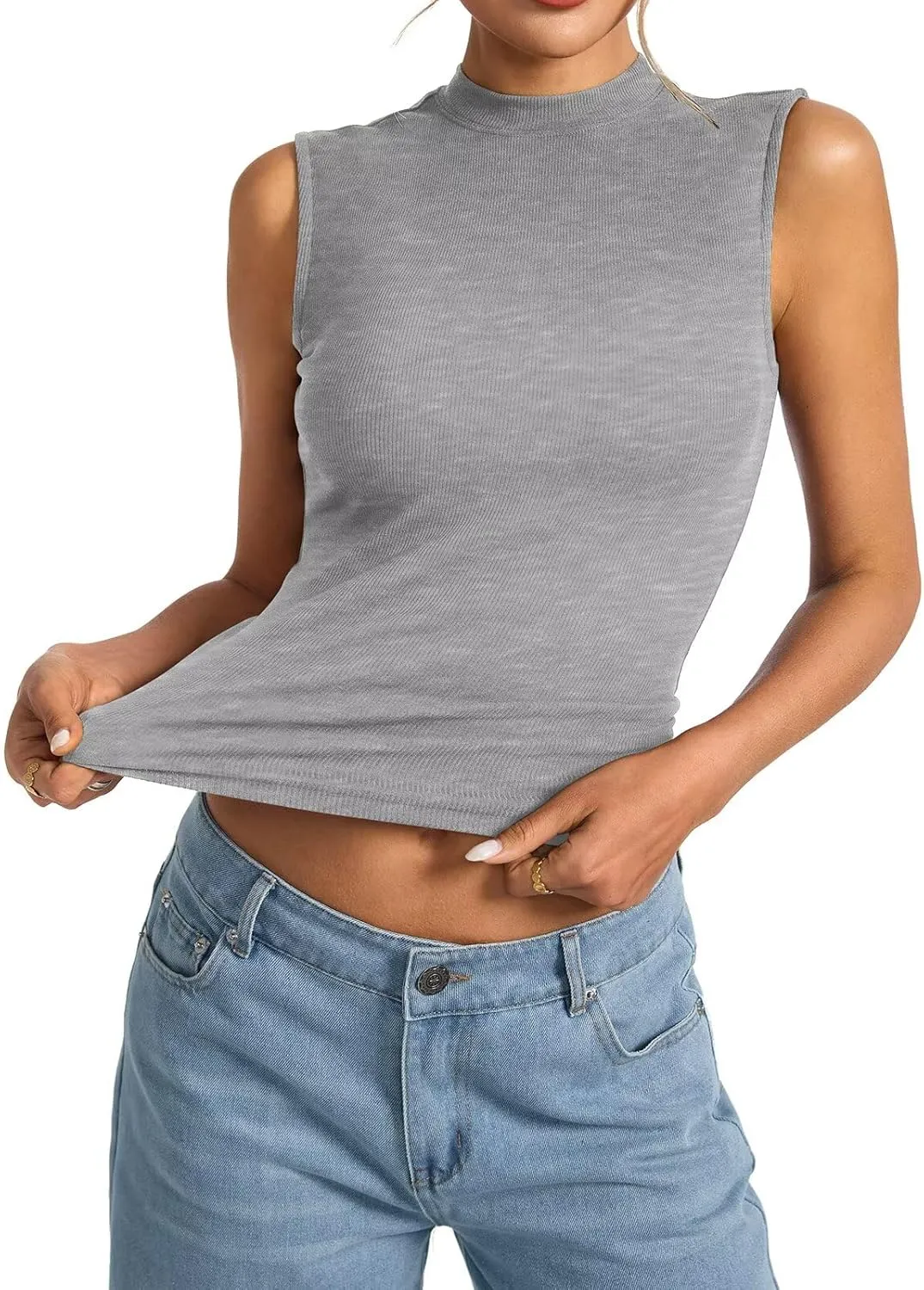 Women's Sleeveless Mock Turtle Neck Tops Fitted Ribbed Tank Top Basic Summer Shirts Spring Outfits 2025