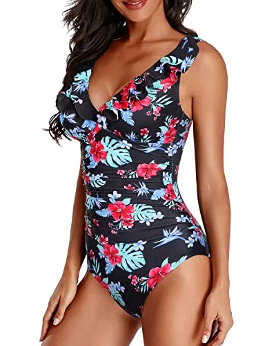 Women's Tummy Control One Piece Swimsuits Ruffle V Neck Swimwear