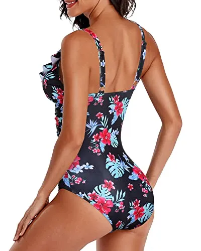 Women's Tummy Control One Piece Swimsuits Ruffle V Neck Swimwear