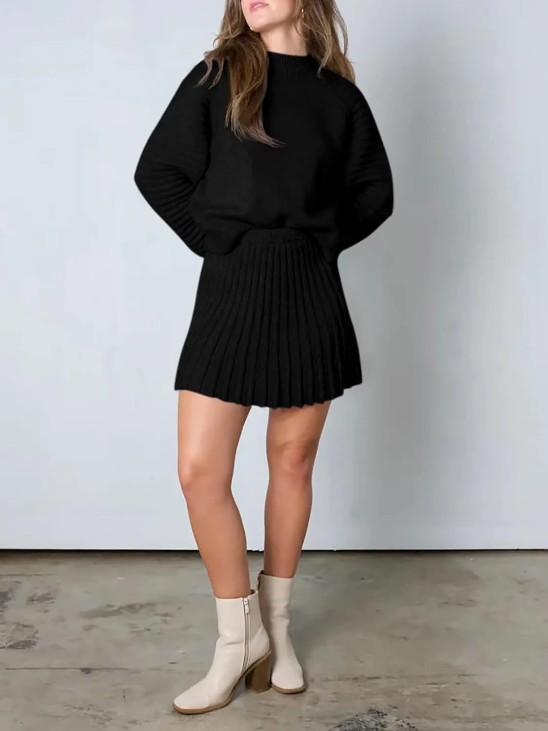 Zwurew Women's 2 Piece Outfits 2025 Long Sleeve Mock Neck Ribbed Sweaters and Mini Skirt Two Piece Sets