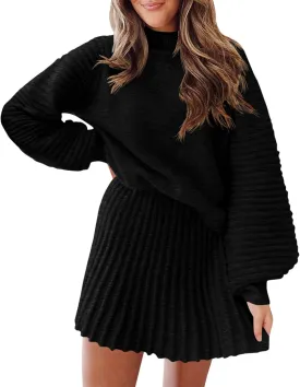 Zwurew Women's 2 Piece Outfits 2025 Long Sleeve Mock Neck Ribbed Sweaters and Mini Skirt Two Piece Sets